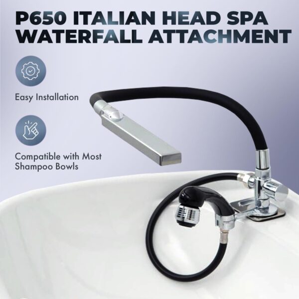 P650 Italian Head Spa Waterfall Attachment with Built-In Valve for Professional Salon & Barbershop Shampoo Bowls, Includes Handheld Sprayer and 2 Receiver Plates, PIB-P650 - Image 3