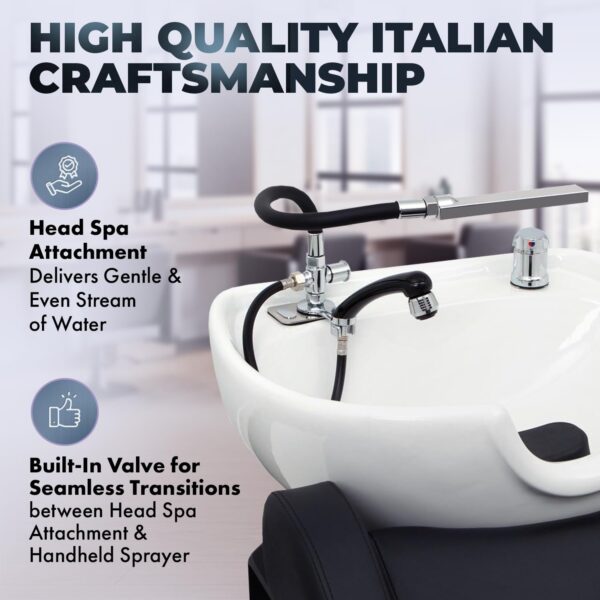 P650 Italian Head Spa Waterfall Attachment with Built-In Valve for Professional Salon & Barbershop Shampoo Bowls, Includes Handheld Sprayer and 2 Receiver Plates, PIB-P650 - Image 4