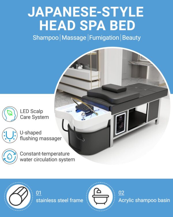 Head Spa Equipment with Steamer & Water Circulation System, Shampoo Bed Scalp Care Massage Table for Barbershop, Salon Station, Massage Parlor - Image 4