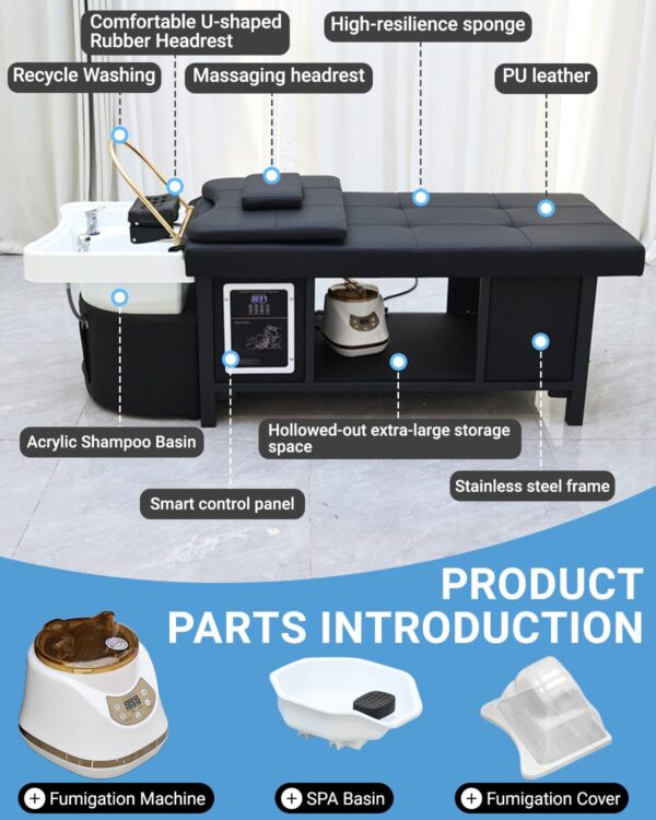 Head Spa Equipment with Steamer & Water Circulation System, Shampoo Bed Scalp Care Massage Table for Barbershop, Salon Station, Massage Parlor - Image 7