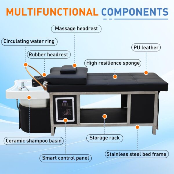Head Spa Equipment, Massage Shampoo Bed, Head Treatment Shampoo Bed with Fumigation & Water Circulation, Hair Washing Station with Adjustable Headrest, for Salons, Spas, Beauty - Image 5